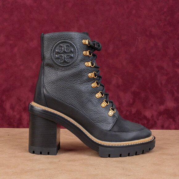 Tory Burch Women Black Leather Miller Lace up Dress Lug Sole Boots size 7 - Picture 4 of 9